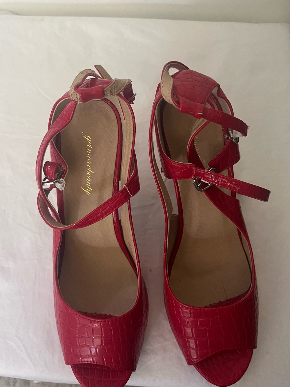 Red Faux-Croc Peep-Toe Ankle Strap Heels - Picture 2 of 6